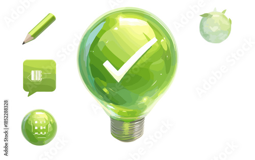 Zielona żarówka z symbolem zaznaczenia, ikony koncepcji ekologicznej idei i akceptacji na białym tle.