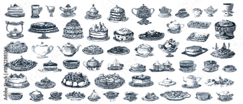 Zestaw ręcznie rysowanych szkiców naczyń, ciast, deserów i akcesoriów do herbaty na przezroczystym tle.