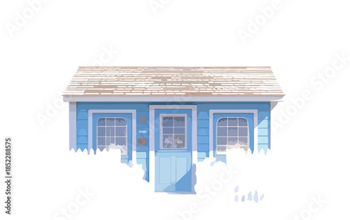 Uroczy, mały, niebieski domek z drewnianą fasadą i dachem na przezroczystym tle, izolowany element graficzny.