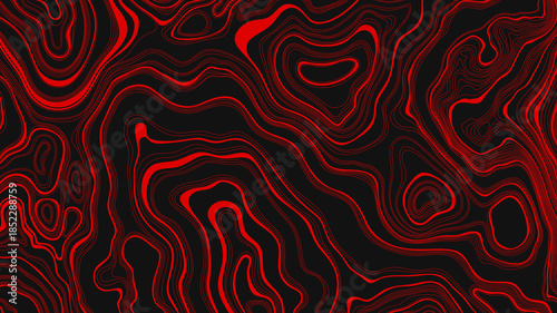 Abstract contour topographic pattern with smooth lines of mountain relief. Minimalist red background design for projects. Illustration with wavy lines on a black background.
