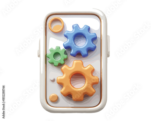 Ikona 3D z kolorowymi zębatkami wewnątrz prostokątnej obudowy symbolizująca ustawienia lub mechanizm.