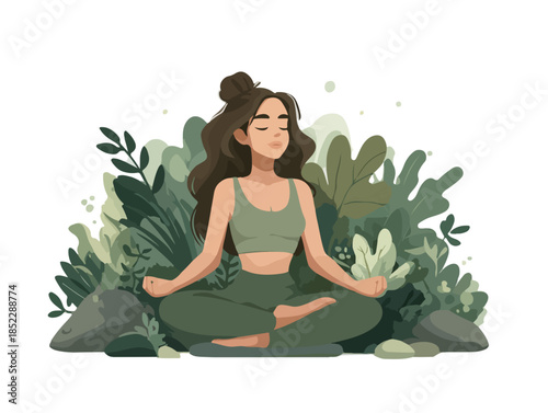 Kobieta medytuje w pozycji lotosu otoczona bujną, zieloną roślinnością, relaks i spokój.