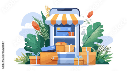 Ilustracja koncepcji e-commerce z telefonem komórkowym, markizą sklepu, paczkami i portfelem na tle liści.
