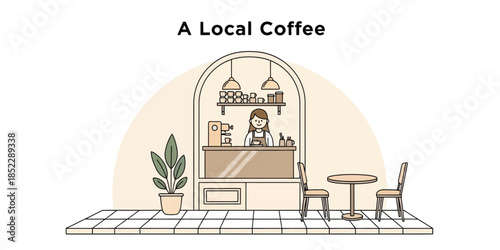 Cozy Local Coffee Shop Ambiance with Barista Serving Drinks and Outdoor Seating