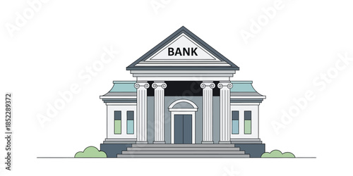 Illustration of a neoclassical bank building with columns and a pediment, representing financial institutions and wealth management services
