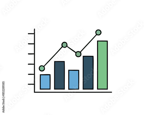Business growth bar chart with line graph and data points showing positive trends and analysis