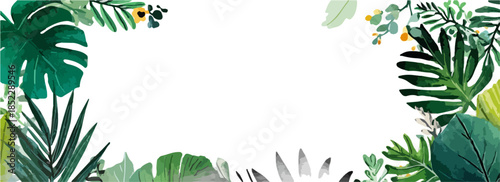 Akwarelowa rama z tropikalnymi liśćmi monstery i palmowymi na przezroczystym tle