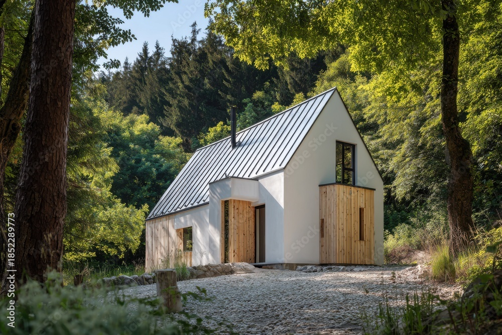 Obraz premium Nestled within a serene forest, this contemporary house features elegant wooden accents around the entrance, perfectly blending with its natural surroundings during the daytime