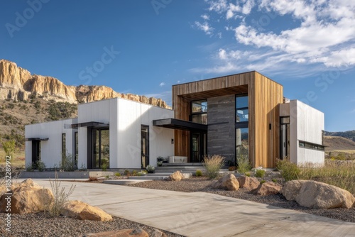 Modern house design in a natural landscape with mountains in the background and rocks in the foreground situated in a sunny environment
