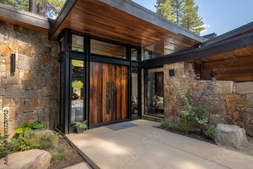 Modern house entrance with wooden doors and stone walls in a natural setting, showcasing landscaping and design elements during a sunny day