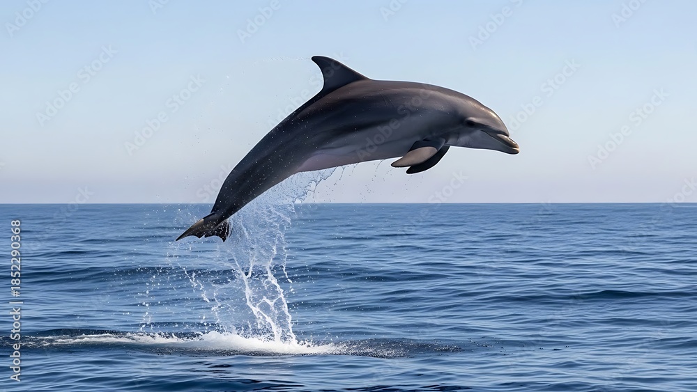 Fototapeta premium A bottlenose dolphin leaps from the ocean's surface, showcasing its aquatic grace against a clear sky