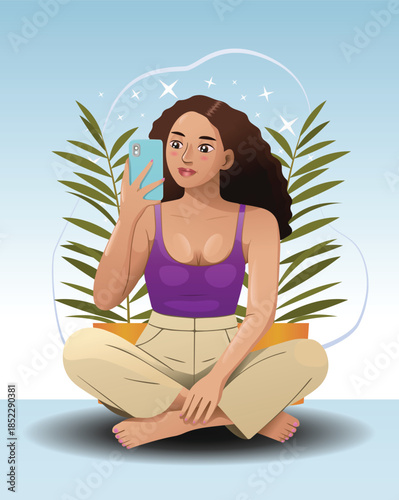 illustration of a woman take a selfie for Social Media of Self-Expression on living room background