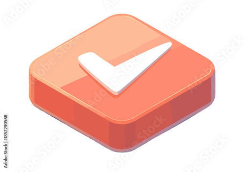 Ikona zatwierdzenia z białym ptaszkiem na przezroczystym, pomarańczowym, izometrycznym przycisku 3D.