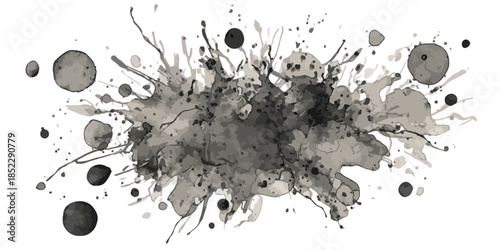 Akwarelowa plama atramentu w odcieniach szarości z kropkami i rozpryskami na białym tle.