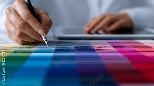 Modern Business Technology Concept with Person Writing on Colorful Abstract Background