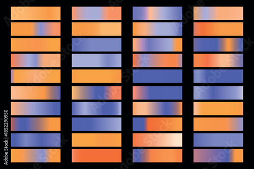 Metalic gradient collection with shiny rainbow hologram. Holographic foil texture, green, blue, yellow, pink gradation. Vector set for frame, ribbon, border, other design.