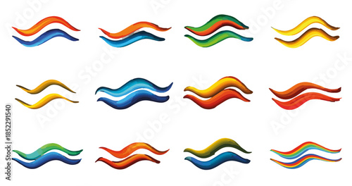 Zestaw dwukolorowych, falistych, dynamicznych linii i kształtów z efektem przezroczystości na białym tle.