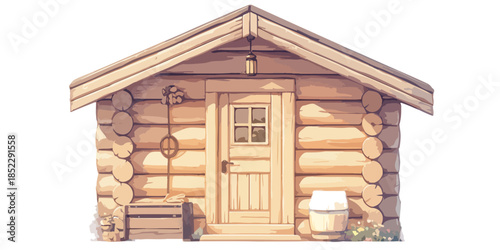 Urocza drewniana sauna z bali na białym tle, idealna do projektów związanych z relaksem i odprężeniem.