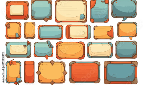 Zestaw ręcznie rysowanych, stylizowanych ramek i etykiet w stylu retro z przezroczystym tłem do gier.