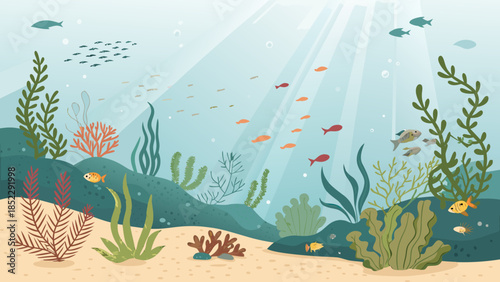 A vibrant vector illustration of tropical fish and marine life swimming near a colorful coral reef in an underwater nature scene featuring bubbles, summer art, and beautiful aquatic plants