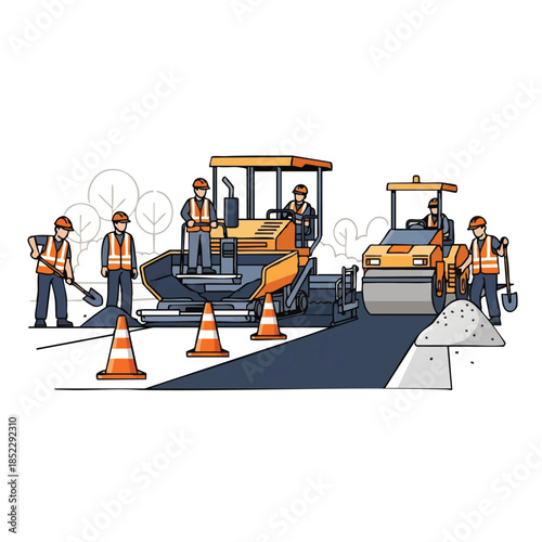 Road construction workers operating machinery.