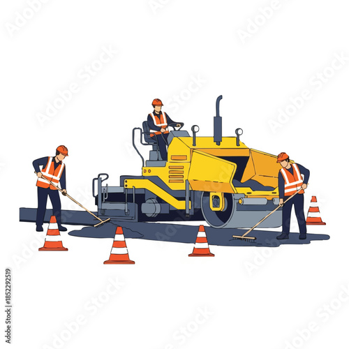 road workers paving asphalt with machinery.