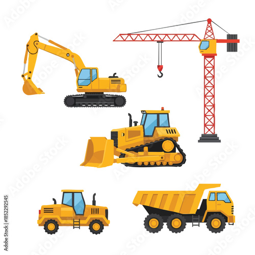 Yellow construction vehicles and crane equipment set.