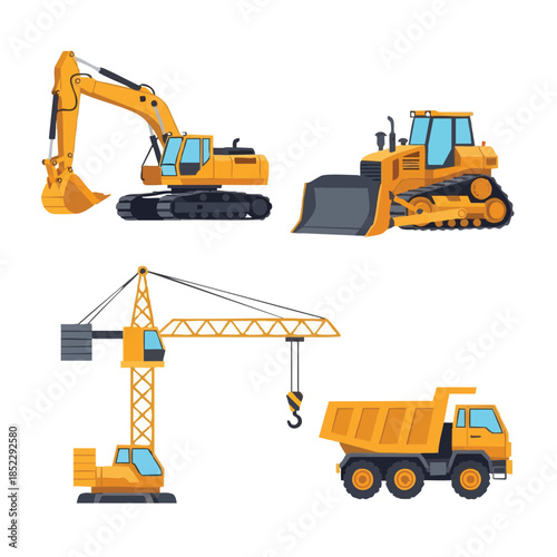 Heavy machinery set excavator crane bulldozer dumper.