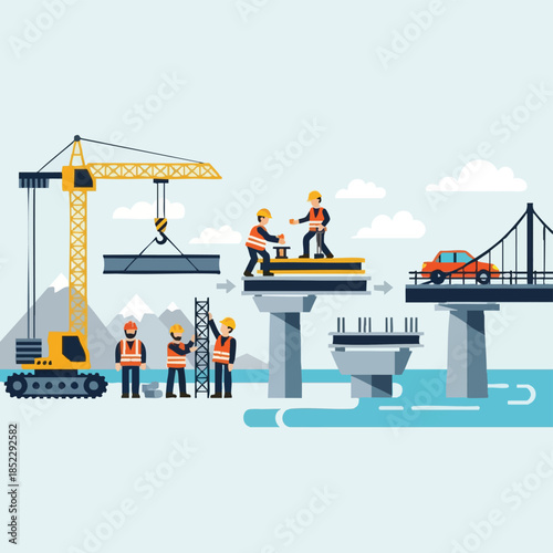 Bridge construction workers building infrastructure with crane.