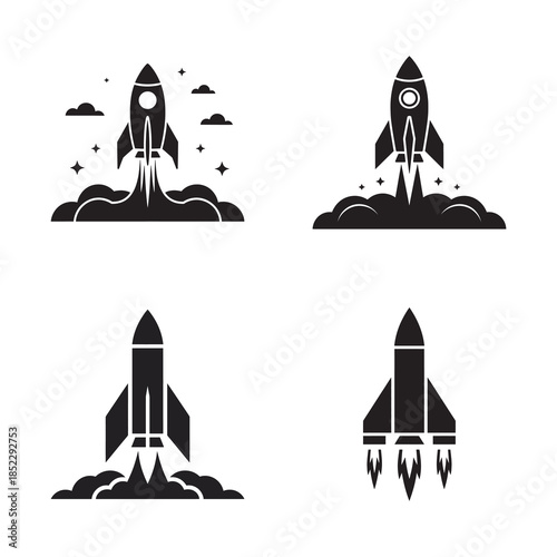 A collection of rocket launch icons depicting different stages of space travel and innovation