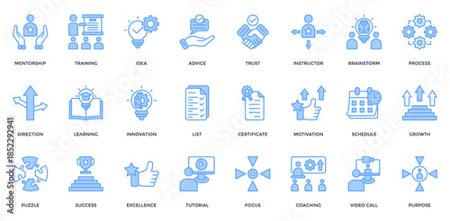 Training icon collection set. Containing mentorship, training, idea, trust, learning, innovation, tutorial, coaching icon. Simple lineal blue vector