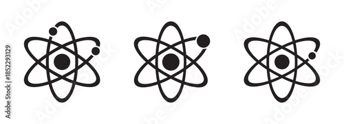A set of three stylized black icons representing the atom structure on a white background