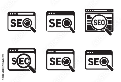 A collection of six distinct black and white icons for search engine optimization and website analysis