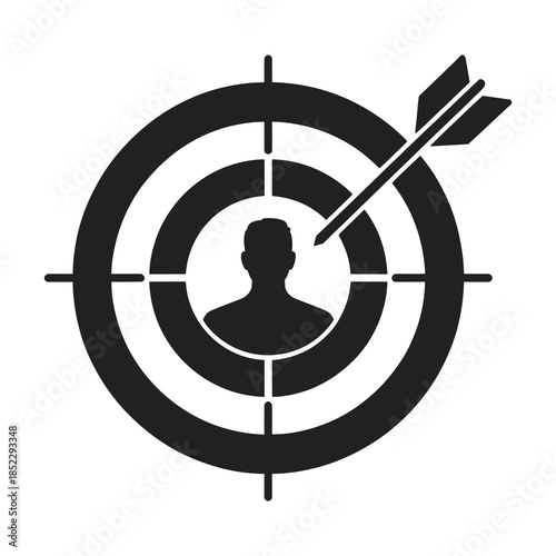 A black and white icon representing a target audience with a person silhouette and an arrow hitting the bullseye.