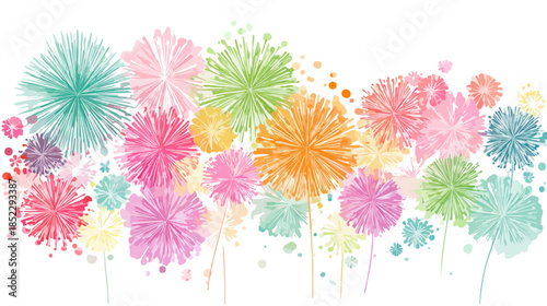 Illustrazione astratta di fiori stilizzati e colorati con sfondo trasparente, perfetti per decorazioni primaverili.