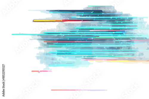 Astratto movimento digitale veloce con linee luminose turchesi e particelle su sfondo trasparente.