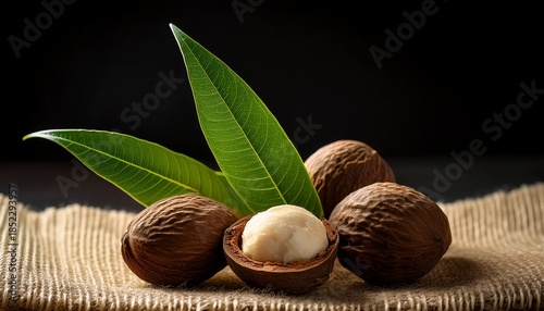 Close Up Of Shea Butter Nuts Green Leaves On Burlap Cloth Against A Black Background In Warm Light