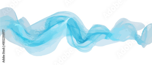 Onda astratta di tessuto azzurro vaporoso e fluente su sfondo bianco, elemento grafico trasparente.