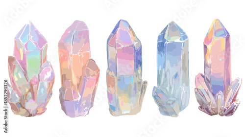 Cinque cristalli iridescenti e trasparenti con sfumature pastello, isolati su sfondo bianco per design.
