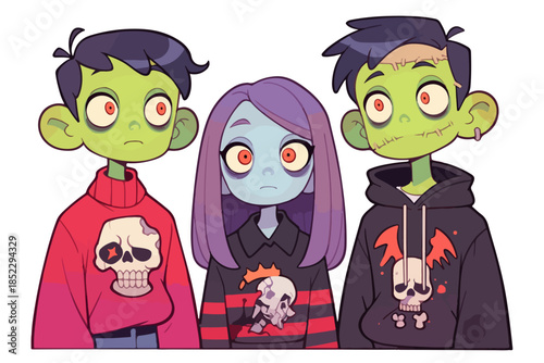 Ritratto di tre giovani zombie stilizzati con occhi rossi e pelle verde, illustrazione moderna