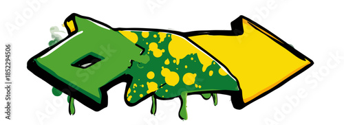 Freccia graffiti verde e gialla con effetto gocciolante e sfondo trasparente, stile street art.