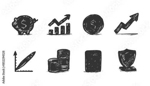 Set di icone disegnate a mano per finanza, crescita economica, risparmio e protezione del capitale su sfondo trasparente.