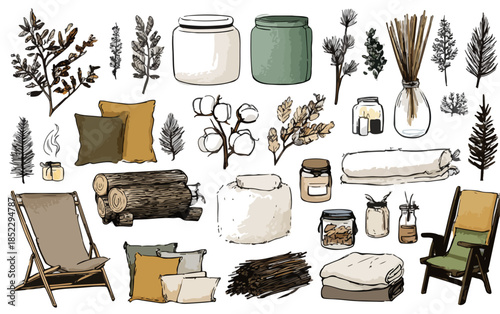 Set di elementi decorativi rustici e naturali per interni: tessuti, legno, candele e piante secche.