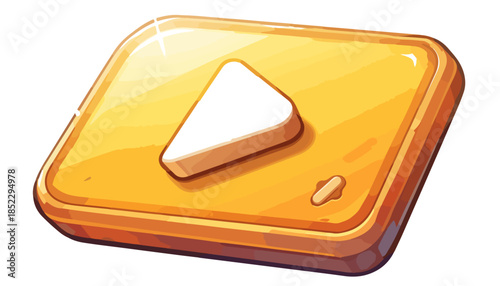 Icona rettangolare dorata lucida con simbolo play bianco, elemento grafico isolato trasparente.