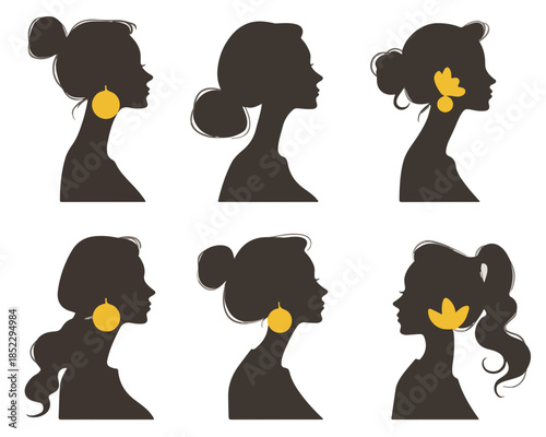 Silhouette di profili femminili con diverse acconciature e orecchini pendenti gialli su sfondo trasparente