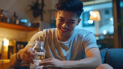 Happy man holding a glass with ice cubes, sitting on couch at home