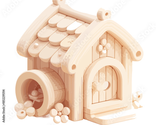 Casetta giocattolo in legno chiaro con dettagli floreali, isolata su sfondo bianco trasparente.