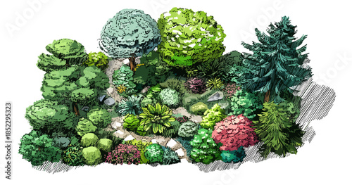 Vista aerea disegnata di un giardino lussureggiante con alberi, arbusti e sentiero, sfondo trasparente.