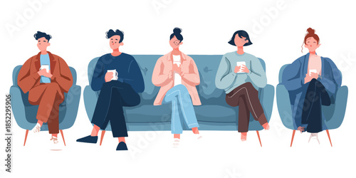 Gruppo di persone sedute su divano e poltrone, ognuno concentrato sul proprio smartphone, isolamento digitale.