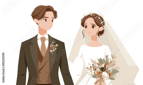 Illustrazione vettoriale di una coppia di sposi in abiti eleganti, primo piano su sfondo trasparente.